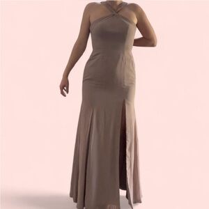 Azazie Backless Tan Halter Dress